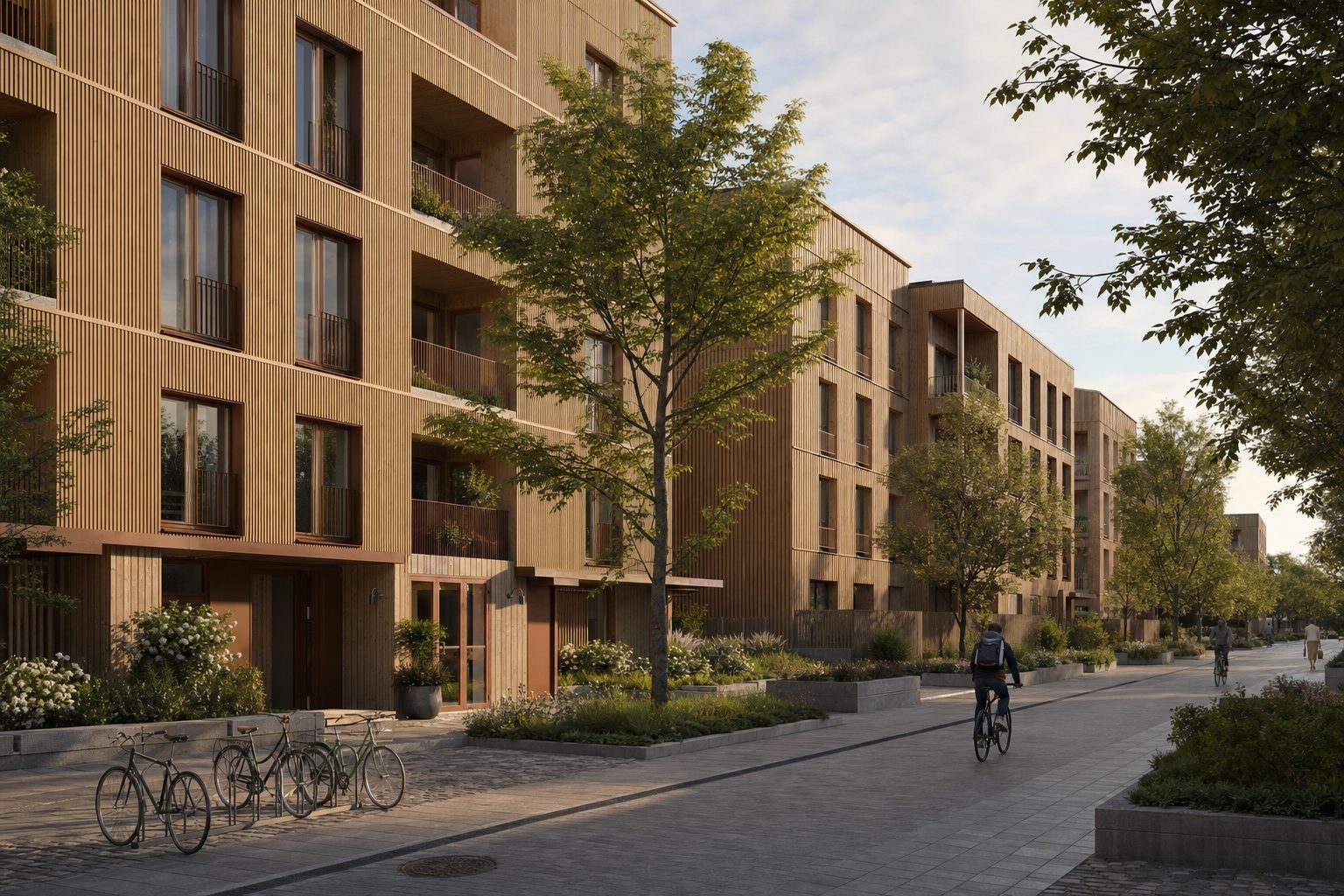 Stadsgata med femvåningshus i trä, cyklister och planteringar i Uppsala.